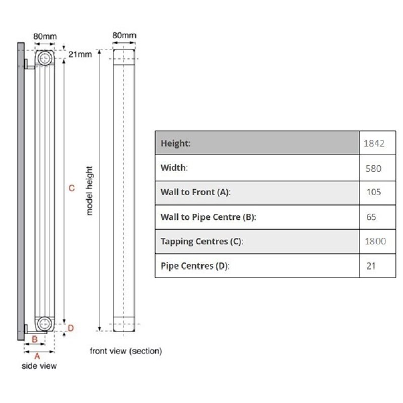 Faral Vertical Longo Aluminium Radiator 1842mm H x 580mm W 7 Sections White