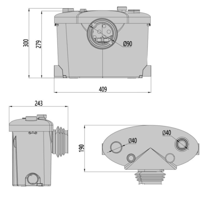 FlowPro FP400B Top Outlet Macerator Pump (for WCs, Basins, Showers or Bidets)  | Dimension Image