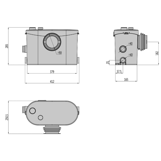 FlowPro FP400 Macerator Pump (for WCs, Basins, Showers or Bidets)  | Dimension Image