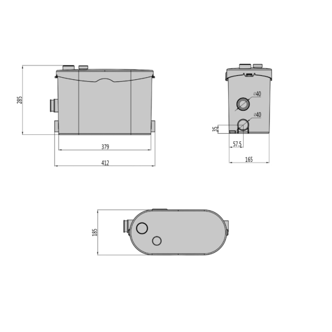 FlowPro FP400K Macerator Pump (for Baths, Kitchen Sinks, Washing Machines or Dishwashers)  | Dimension Image