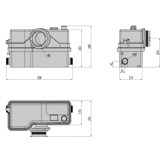 FlowPro FP800 Commercial Heavy Duty Macerator Pump (for WCs, Showers, Basins or Bidets)  | Dimension Image