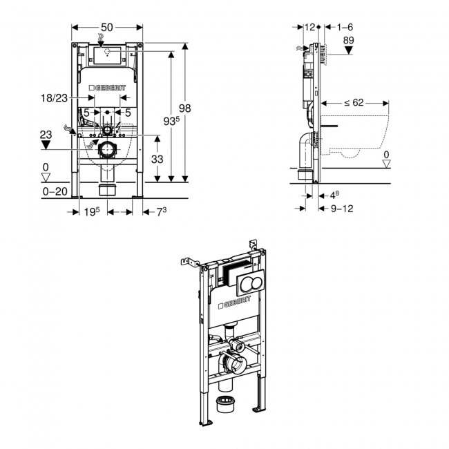 Geberit Alpha 980mm Wall Hung WC Toilet Frame with Cistern and Alpha01 Chrome Round Flush Plate