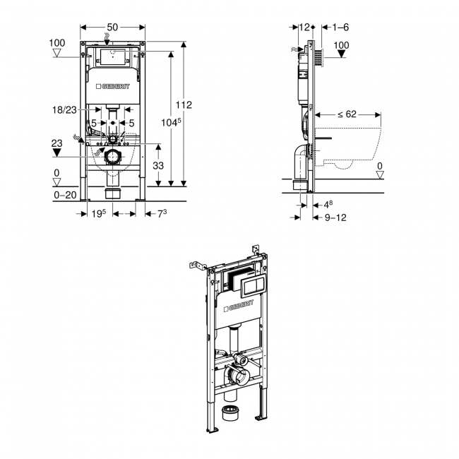 Geberit Alpha 1120mm Wall Hung WC Toilet Frame with Cistern and Alpha01 Chrome Square Flush Plate