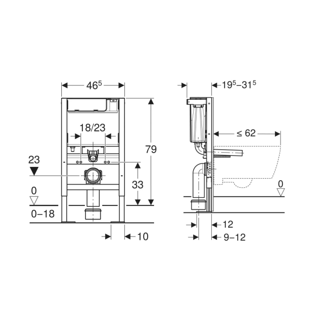 Geberit Duofix 790mm Low-Height Wall-Hung WC Frame with Dual Flush Cistern  | Dimension Image