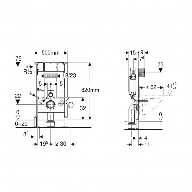 Geberit Duofix 820mm WC Frame For Wall-Hung Toilet With 150mm Kappa Cistern Blue