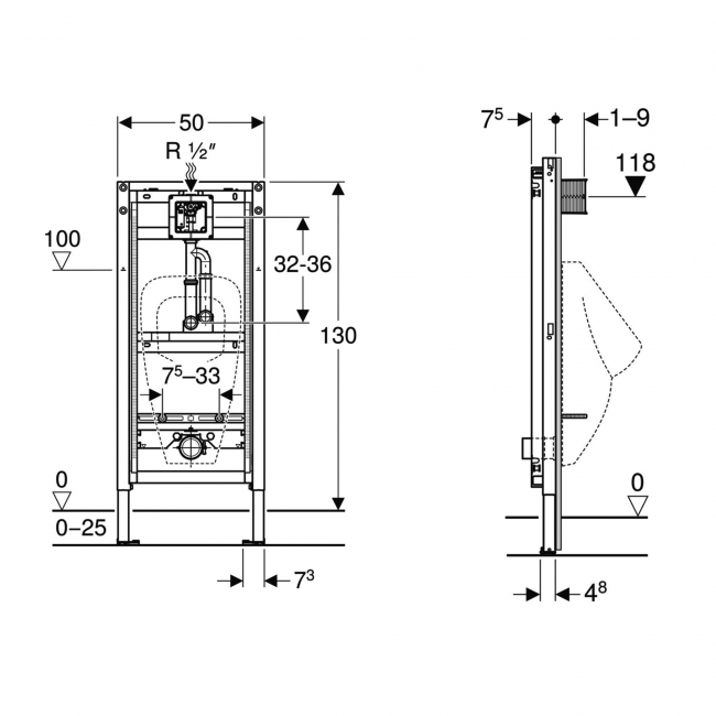 Geberit Duofix Frame for Urinal With Pipe Interrupter 1300mm x 500mm Blue