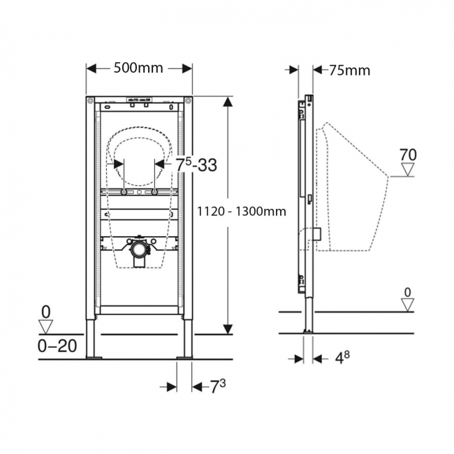 Geberit Duofix Universal Urinal Frame 500mm W x 1120 - 1300mm H - Blue