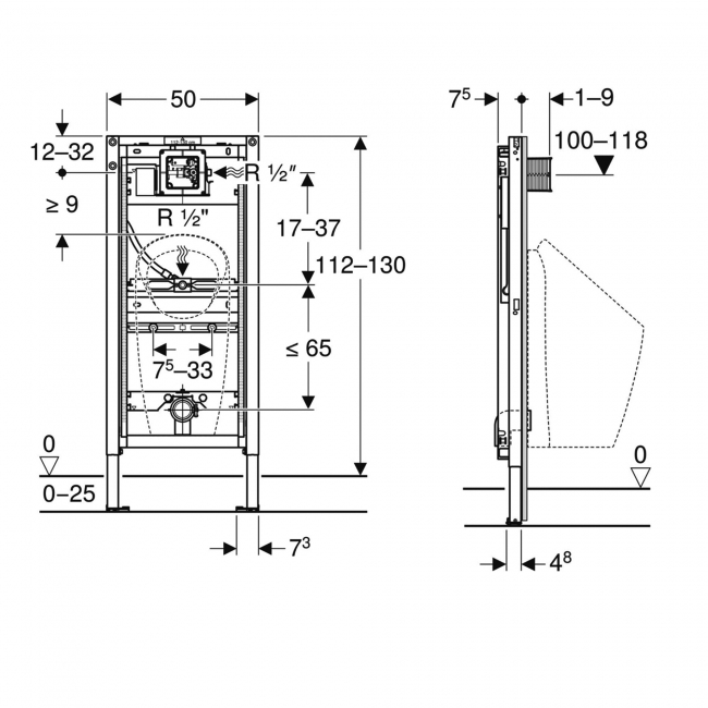 Geberit Duofix Universal Urinal Frame for Spray Head 500mm W x 1120 - 1300mm H - Blue