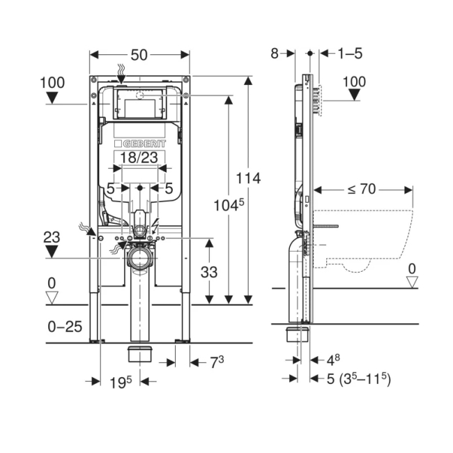 Geberit Duofix UP720 WC 1140mm Toilet Frame With 80mm Sigma Cistern - Blue  | Dimension Image
