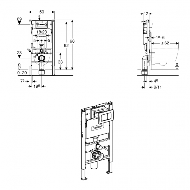 Geberit Duofix 980mm Wall Hung WC Frame with Delta Cistern and Delta30 Chrome Flush Plate