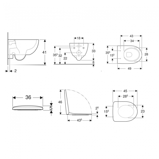Geberit Selnova Compact Rimless Shrouded Wall Hung Toilet - Soft Close Seat