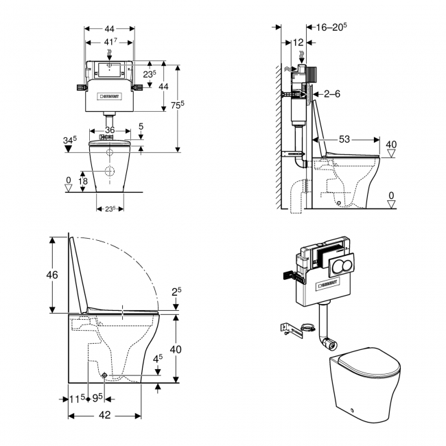 Geberit Selnova Rimless Back to Wall Pan with Alpha Flush Plate and Alpha 4-in-1 Cistern (including Soft Close Seat)