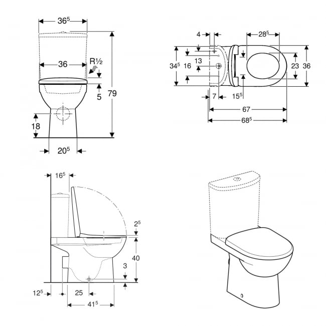 Geberit Selnova Close Coupled Toilet with Push Button Cistern - Standard Seat