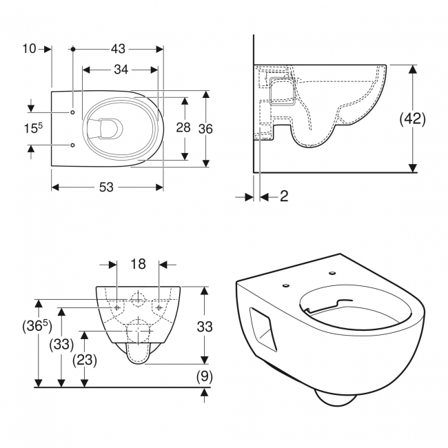 Geberit Selnova Rimless Semi-Shrouded Wall Hung Toilet - Quick Release Soft Close Seat