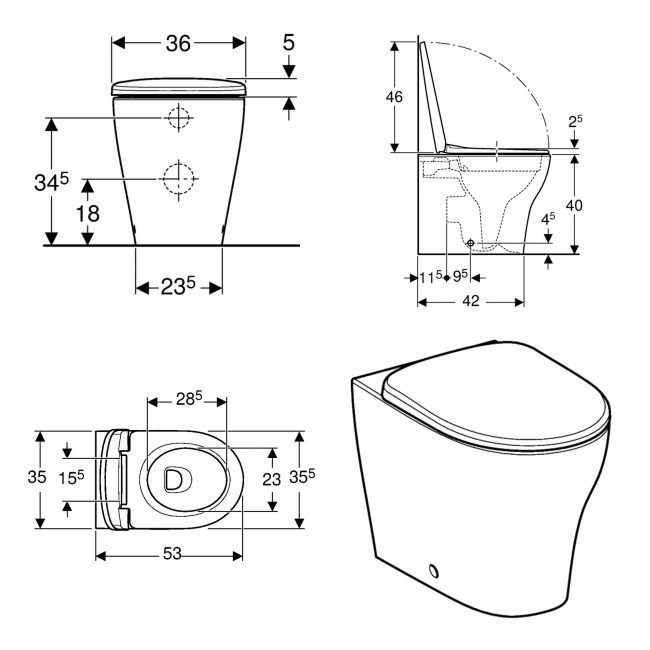 Geberit Selnova Rimless Shrouded Back to Wall Toilet - Quick Release Soft Close Seat