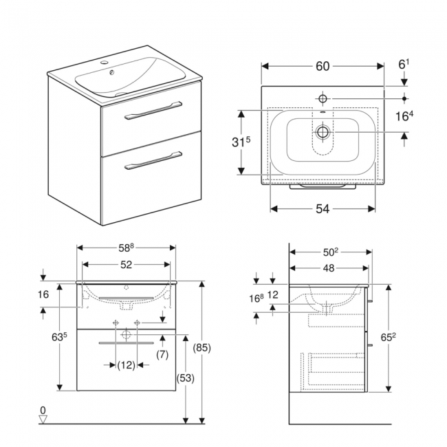 Geberit Selnova Wall Hung 2-Drawer Vanity Unit with Slim Rim Basin 600mm Wide - Lava