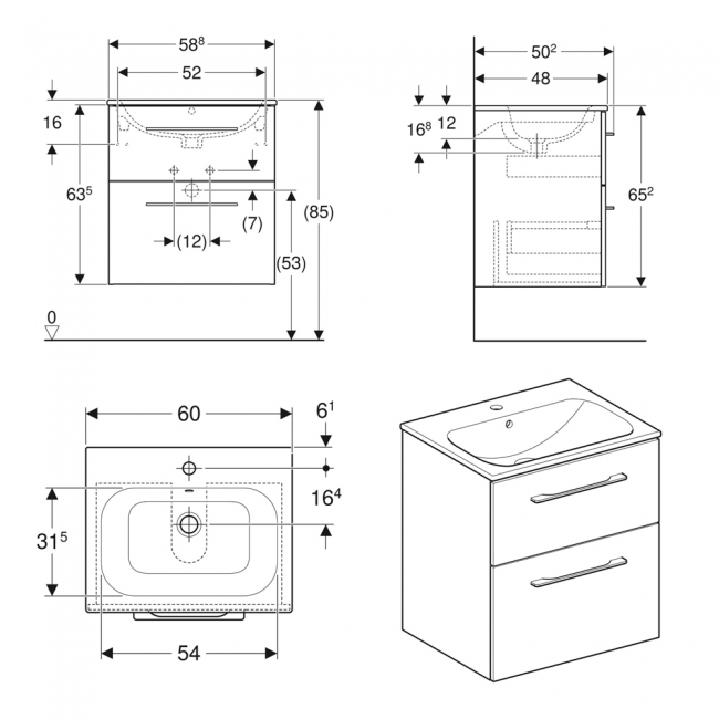 Geberit Selnova Wall Hung 2-Drawer Vanity Unit with Slim Rim Basin 600mm Wide - Hickory