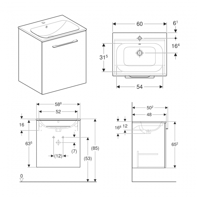 Geberit Selnova Wall Hung 1-Door Vanity Unit with Slim Rim Basin 600mm Wide - White