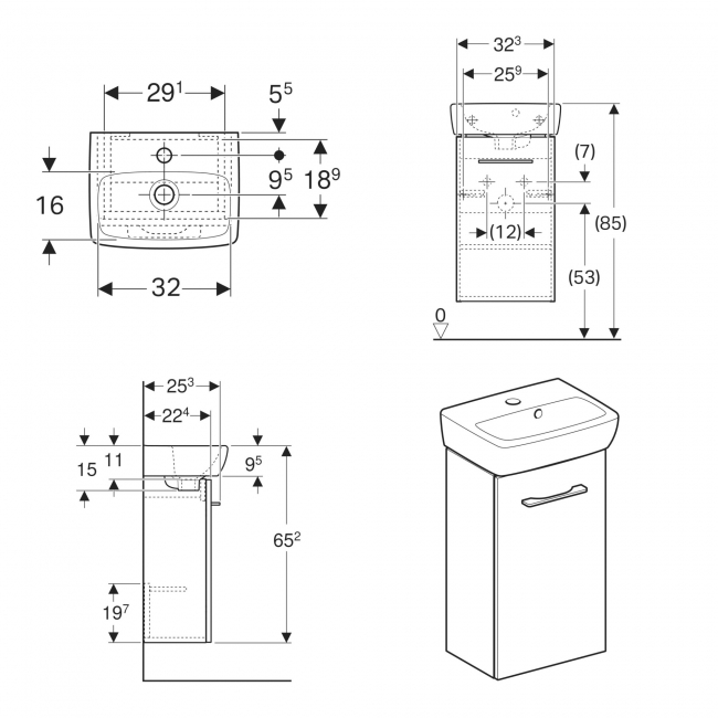 Geberit Selnova Wall Hung 1-Door Vanity Unit with Handrinse Basin 360mm Wide - White