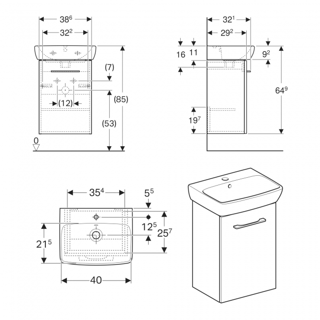 Geberit Selnova Wall Hung 1-Door Vanity Unit with Handrinse Basin 450mm Wide - White