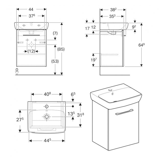 Geberit Selnova Wall Hung 1-Door Vanity Unit with Handrinse Basin 500mm Wide - Lava