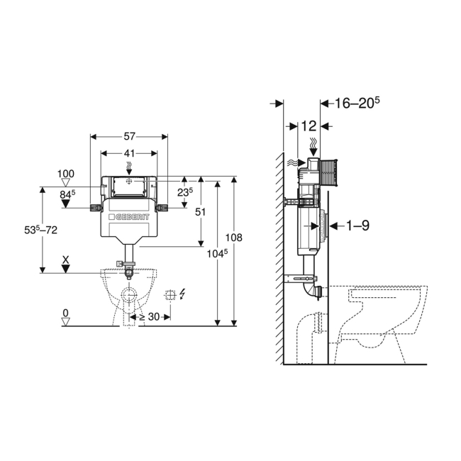 Geberit Sigma Dual Flush Concealed Cistern for Sigma Flush Plates - White  | Dimension Image