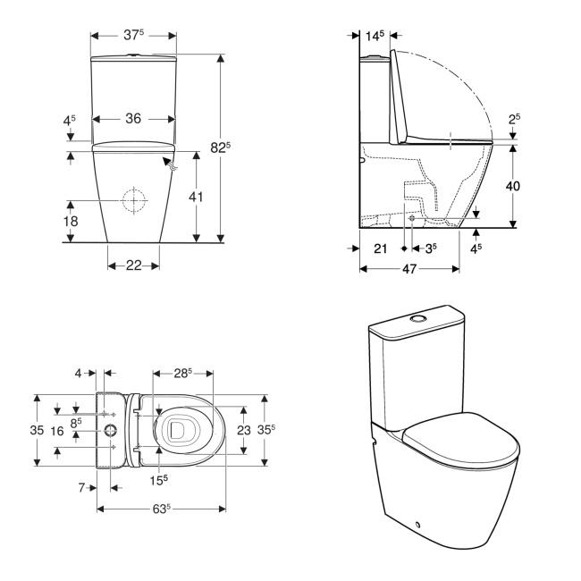 Geberit Smyle Rimless Fully Back to Wall Close Coupled Toilet (inc Soft Close Seat)  | Dimension Image