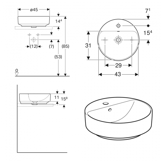 Geberit VariForm Lay-On Round Countertop Basin 450mm Wide - 1 Tap Hole
