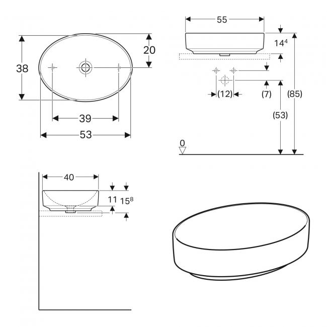 Geberit VariForm Lay-On Oval Countertop Basin 550mm Wide - 0 Tap Hole
