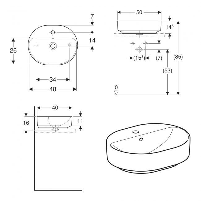 Geberit VariForm Lay-On Elliptic Countertop Basin 500mm Wide - 1 Tap Hole