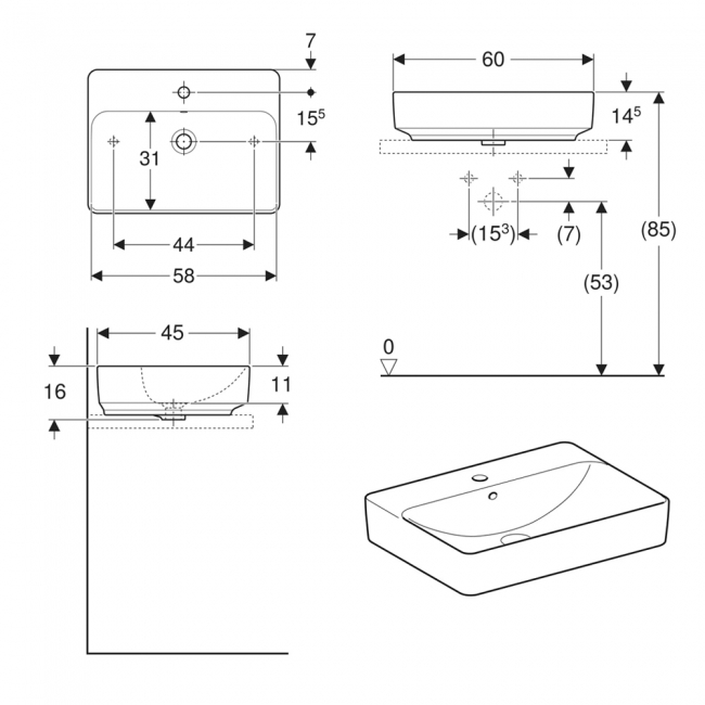 Geberit VariForm Lay-On Rectangular Countertop Basin 600mm Wide - 1 Tap Hole
