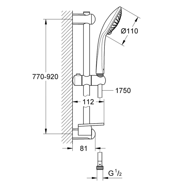 Grohe Euphoria 110 Champagne Shower Rail Set 3 Sprays - Chrome  | Dimension Image