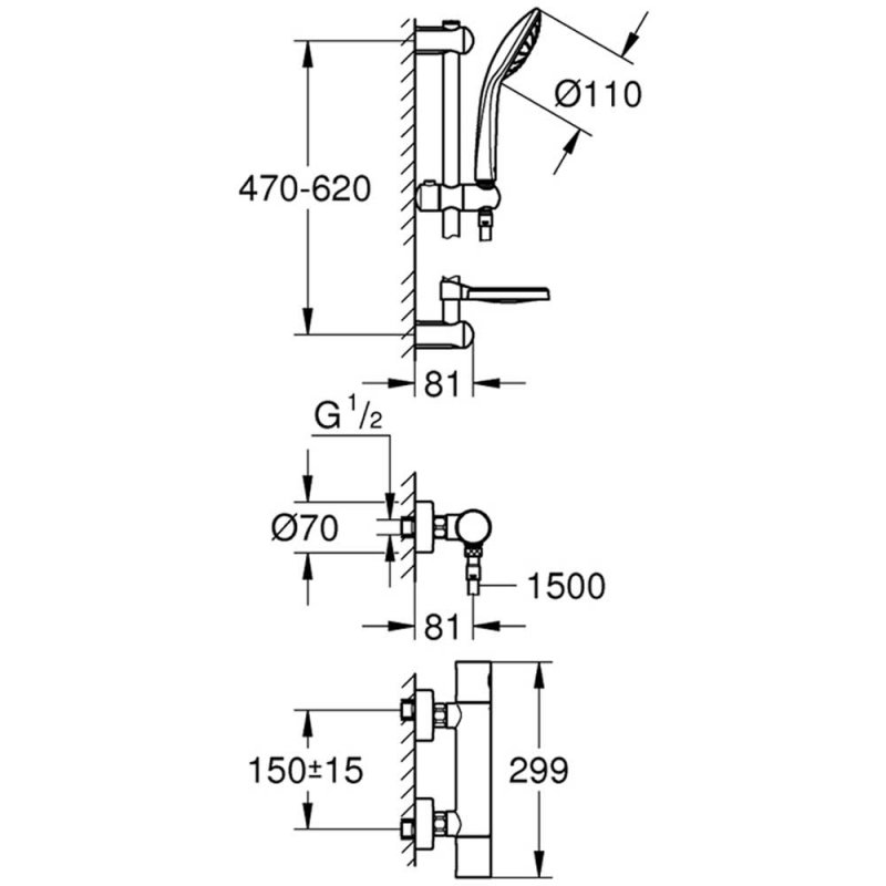 Grohe Grohtherm 1000 Cosmopolitan HP Bar Mixer Shower with Shower Kit
