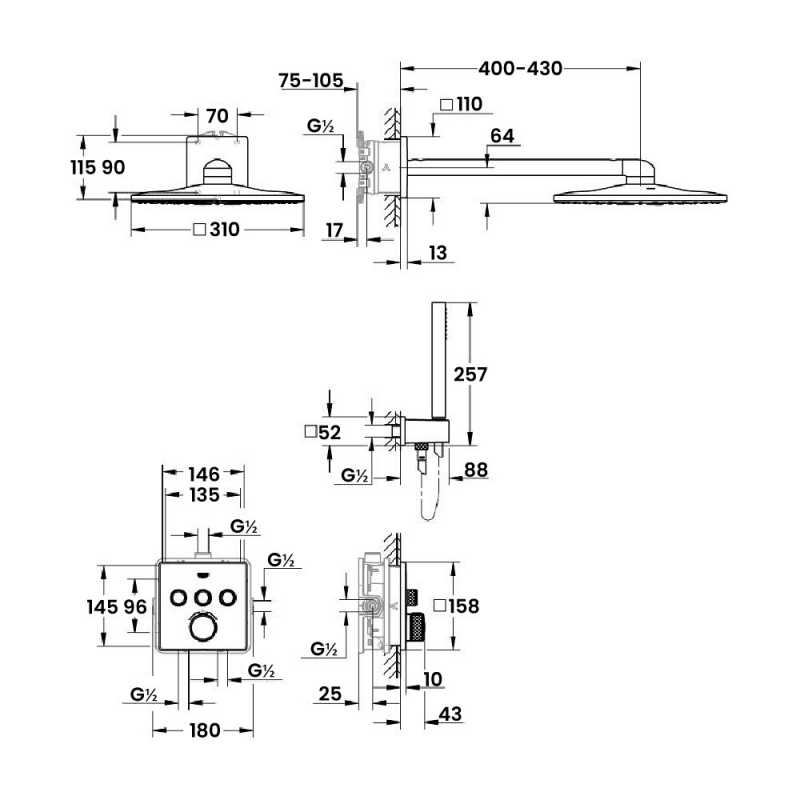 Grohe Grohtherm SmartControl Square Perfect Shower Set with Rainshower 310 SmartActive Cube