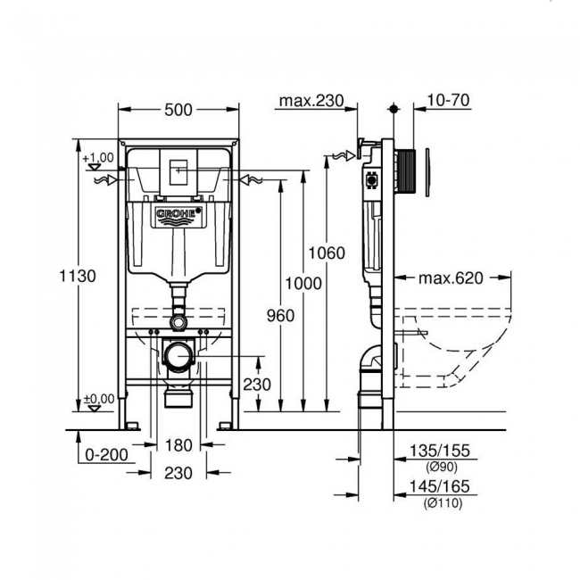 Grohe Rapid SL 3 in 1 WC Toilet Fixing Frame with Cistern and Phantom Black Flush Plate 1130mm High