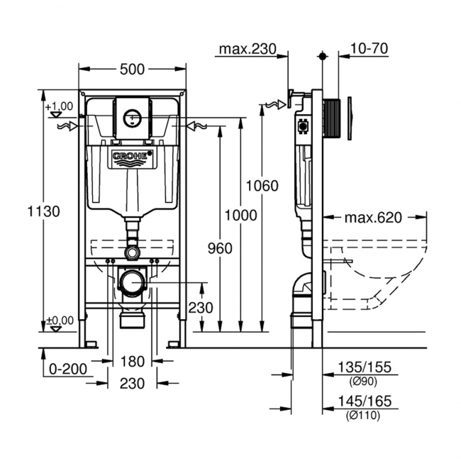 Grohe Rapid SL 3 in 1 WC Toilet Fixing Frame with Cistern and Nova Flush Plate 1130mm High