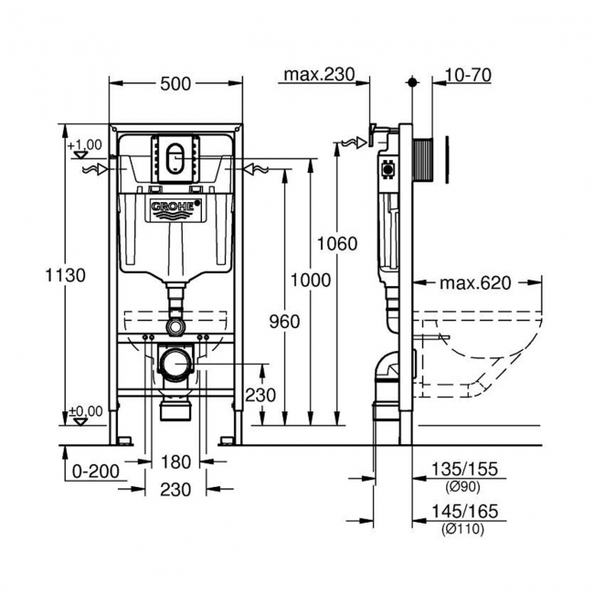 Grohe Rapid SL 3 in 1 WC Toilet Fixing Frame with Cistern and Arena Flush Plate 1130mm High