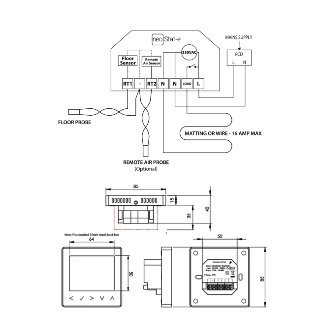 Heatmiser NeoStat-E Electric Programmable Thermostat - Sapphire Black  | Dimension Image