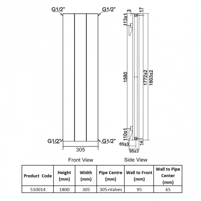Heatwave Lifton White Vertical Aluminium Radiator 1800mm (H) x 305mm (W)  | Dimension Image