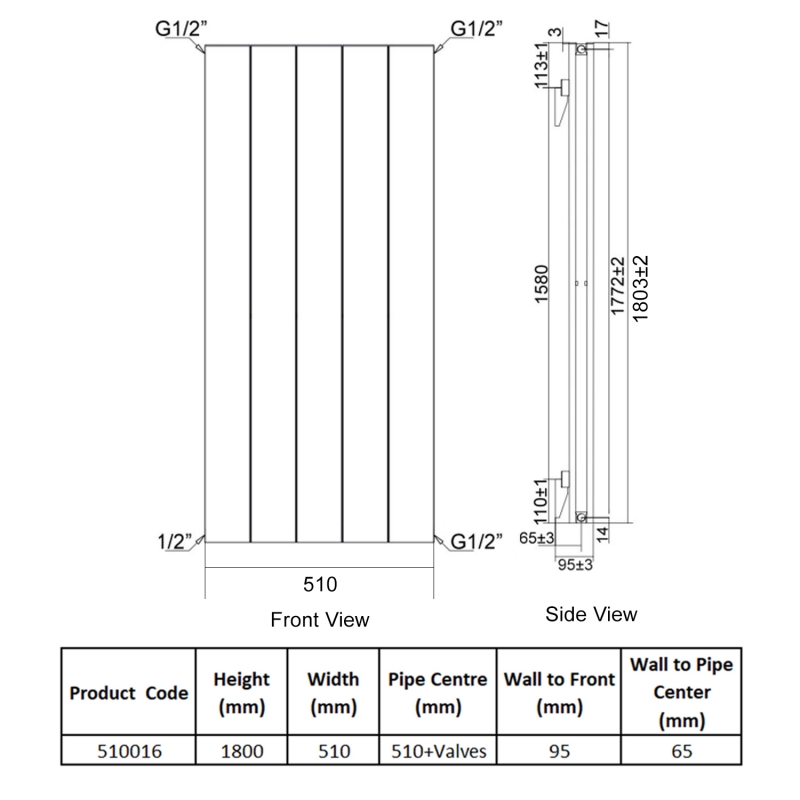 Heatwave Lifton White Vertical Aluminium Radiator 1800mm (H) x 510mm (W)  | Dimension Image