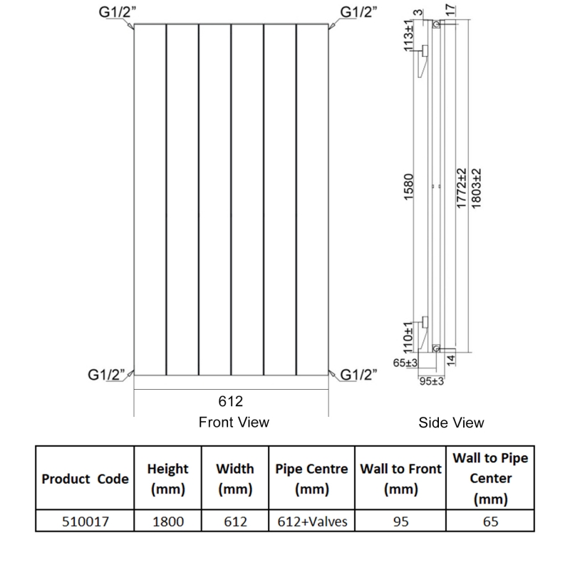 Heatwave Lifton White Vertical Aluminium Radiator 1800mm (H) x 612mm (W)  | Dimension Image