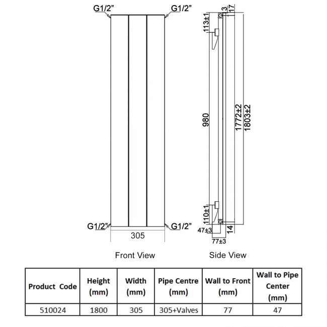 Heatwave Ascot Single Vertical Aluminium Radiator 1800mm H x 305mm W White - 3 Sections