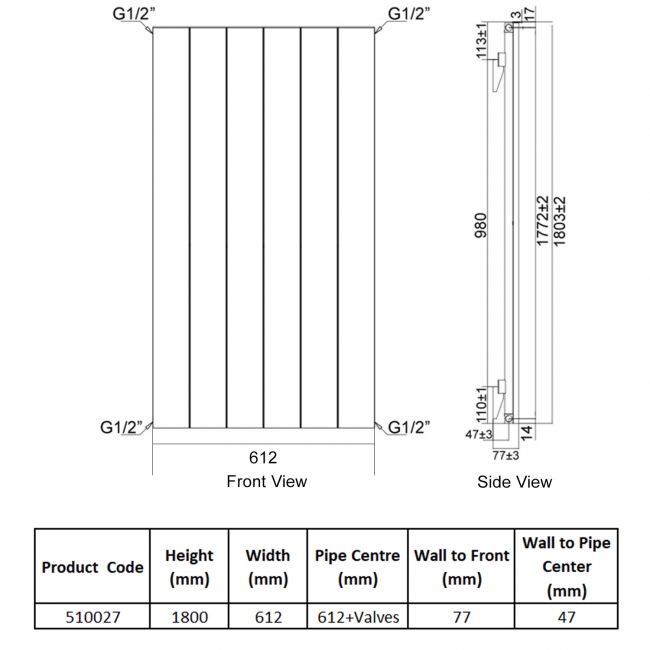Heatwave Ascot Single Vertical Aluminium Radiator 1800mm H x 612mm W White - 6 Sections