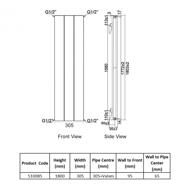 Heatwave Lifton Anthracite Vertical Aluminium Radiator 1800mm (H) x 305mm (W)  | Dimension Image