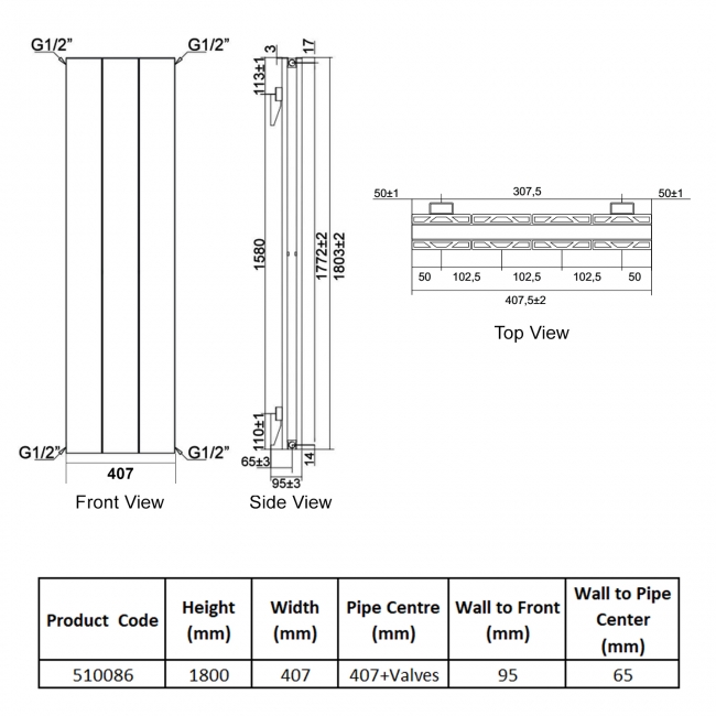 Heatwave Lifton Anthracite Vertical Aluminium Radiator 1800mm (H) x 407mm (W)  | Dimension Image