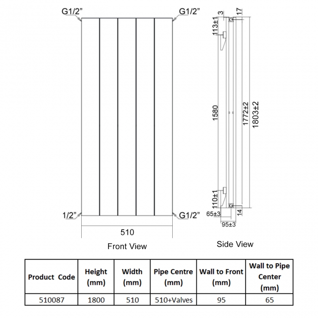 Heatwave Lifton Anthracite Vertical Aluminium Radiator 1800mm (H) x 510mm (W)  | Dimension Image