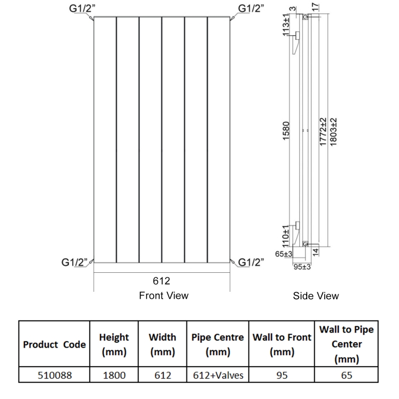Heatwave Lifton Anthracite Vertical Aluminium Radiator 1800mm (H) x 612mm (W)  | Dimension Image
