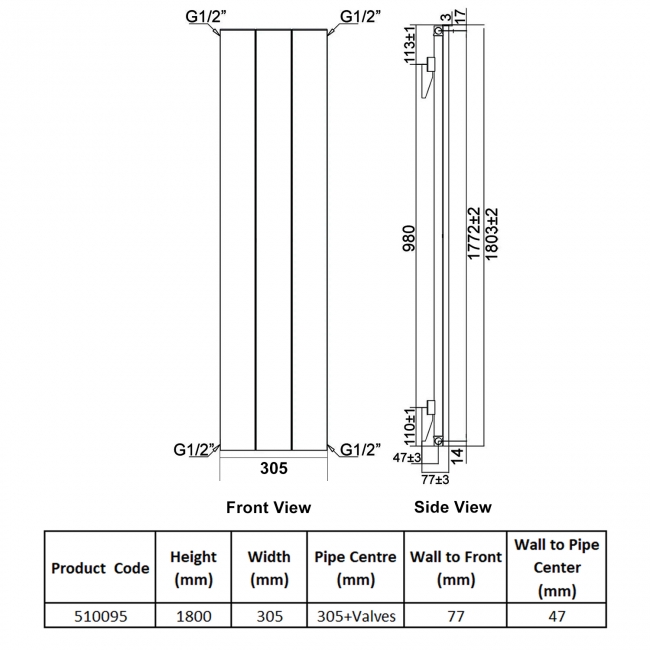 Heatwave Ascot Single Vertical Aluminium Radiator 1800mm H x 305mm W Anthracite - 3 Sections