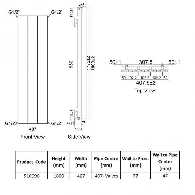 Heatwave Ascot Single Vertical Aluminium Radiator 1800mm H x 407mm W Anthracite - 4 Sections