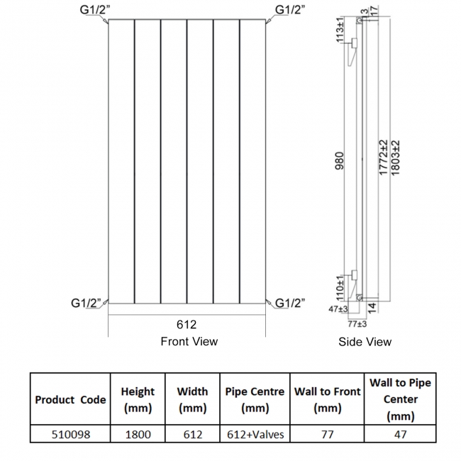 Heatwave Ascot Single Vertical Aluminium Radiator 1800mm H x 612mm W Anthracite - 6 Sections